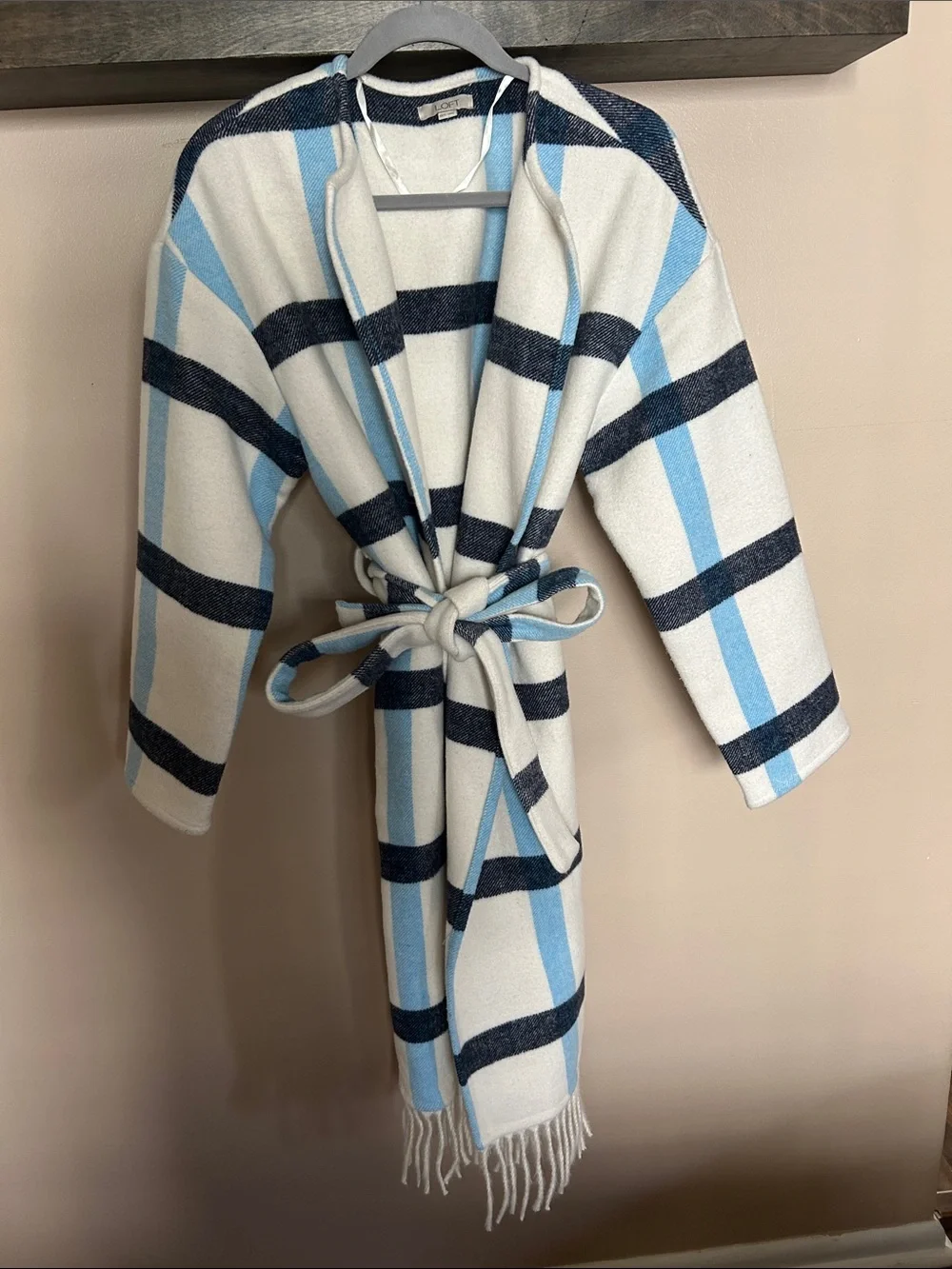 Striped Belted Fringe Multi coat in White, Light Blue & Navy (worn 2x)